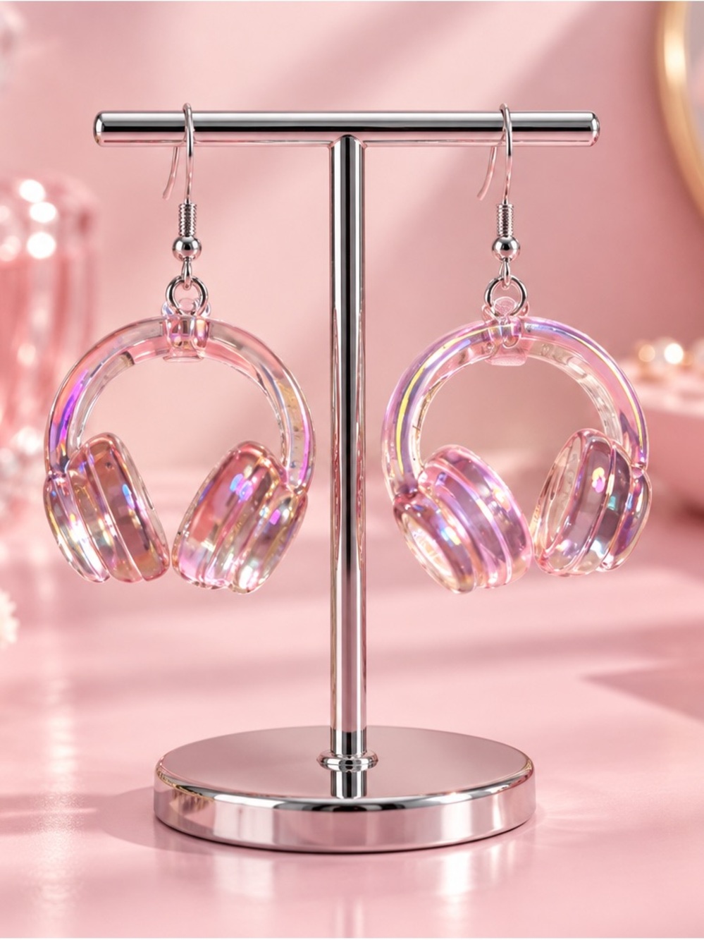Fashion Jewelry Iridescent Pink Headphone Dangle Earrings